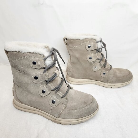 Sorel Womens 6.5 Mid Calf Suede Lace Boots Faux Fur Beige Explorer Joan Boot - Picture 7 of 11